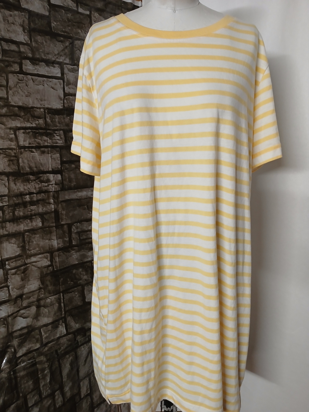 Yellow and White Striped Midi Dress with Short Sleeves